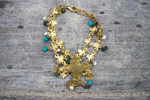 Brass,emerald,turquoise and pearl 