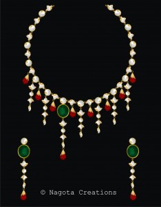 Unique and Stylish Kundan Meena Necklace Set with Emerald , Ruby and Diamond Polkis