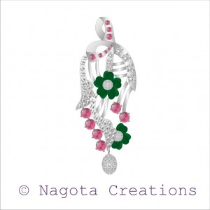 White Gold Pendant with Unique Combination of Emerald and Pink Tourmaline