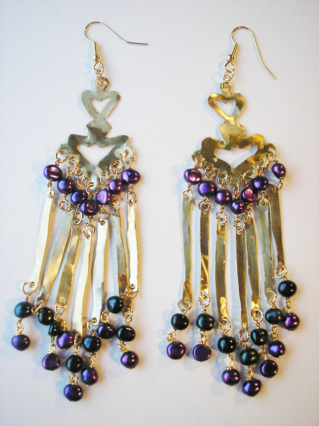 Brass,black and purple pearl earrings