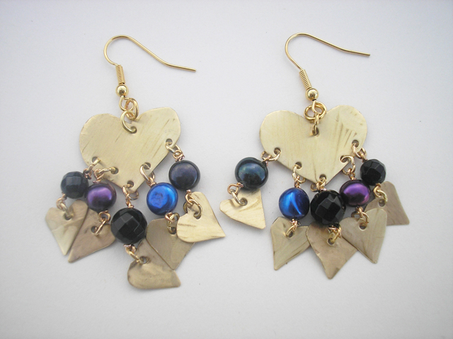 Brass and pearl heart earrings