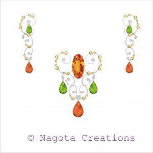 Pendant Set with Unique Combination of Peridot , Citrine and Diamond in yellow Gold & white gold