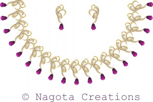 Unique Yellow Gold Necklace Set with Attractive Rhodolite Drops