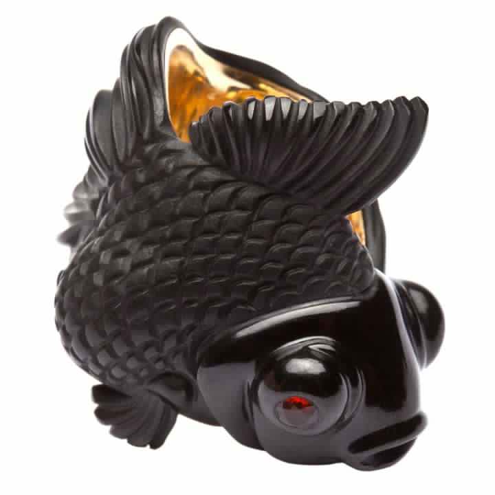Manya Tessler’s piece was an 18K yellow gold ring featuring a carved black Jade fish accented with fire Opals.
